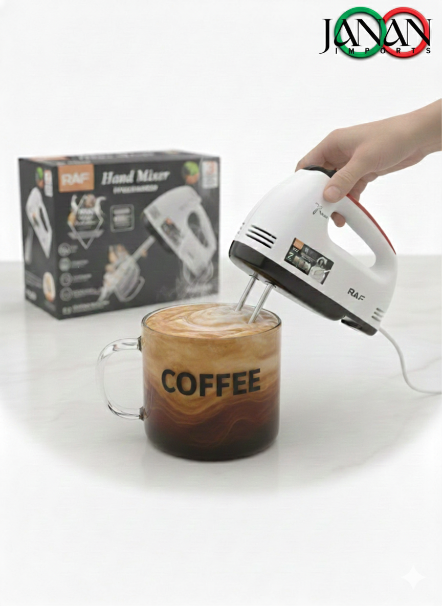 Hand mixer being used to froth a coffee in a clear mug with 'COFFEE' text, next to its packaging and the Janan brand logo.