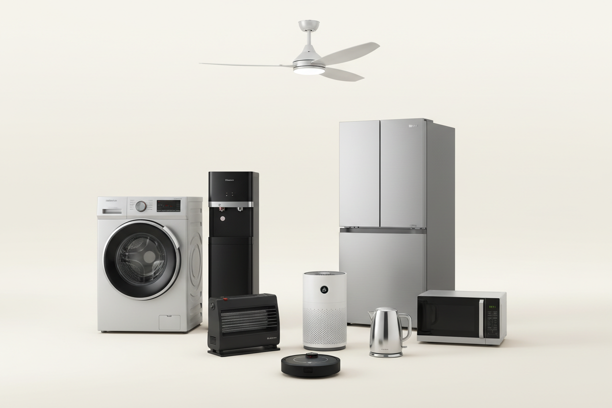 Premium home appliances including a microwave oven, air fryer, electric kettle, blender, and other modern kitchen gadgets, displayed on a clean, minimalist background. Perfect for enhancing your kitchen with high-performance, stylish products.