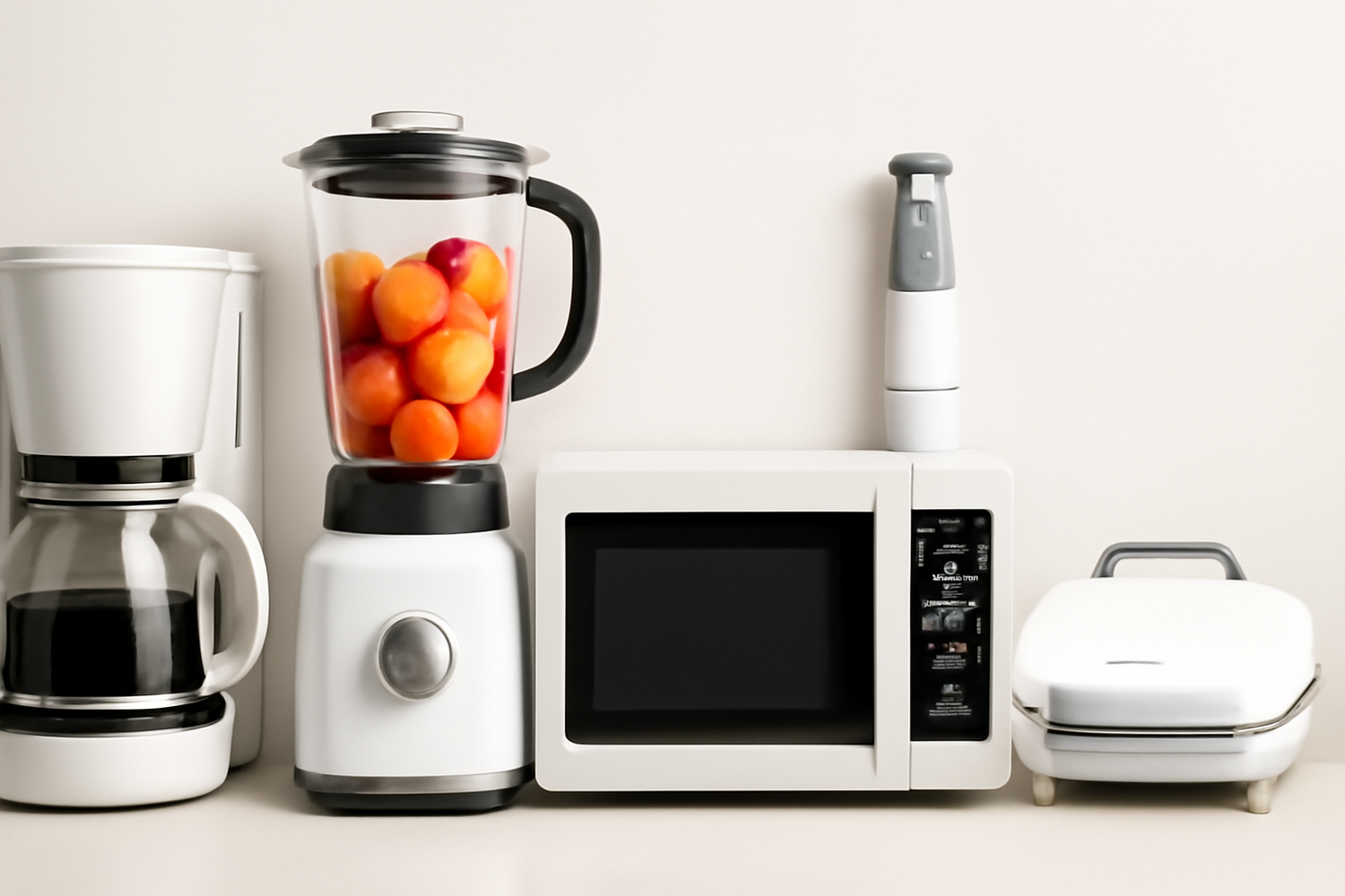 Premium imported kitchen essentials including a juicer, microwave, blender, sandwich maker, and coffee maker on a white background.