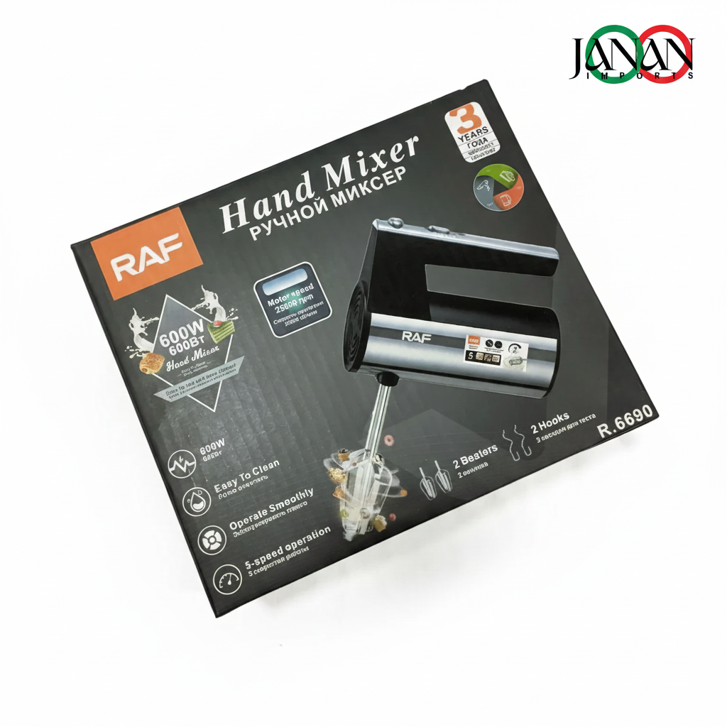 RAF hand mixer packaging with brand logo on a white background