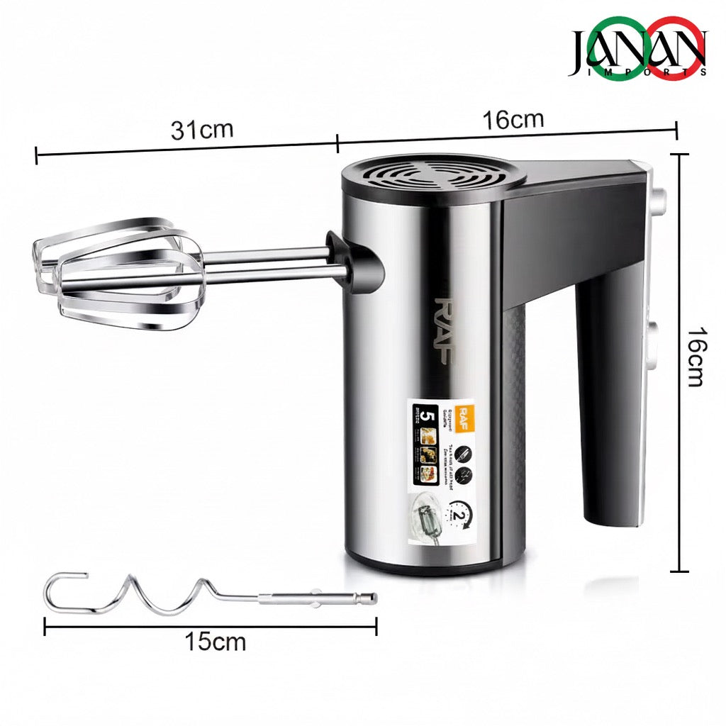 Hand mixer with attachments and dimensions labeled, featuring the brand 'JANAN'.
