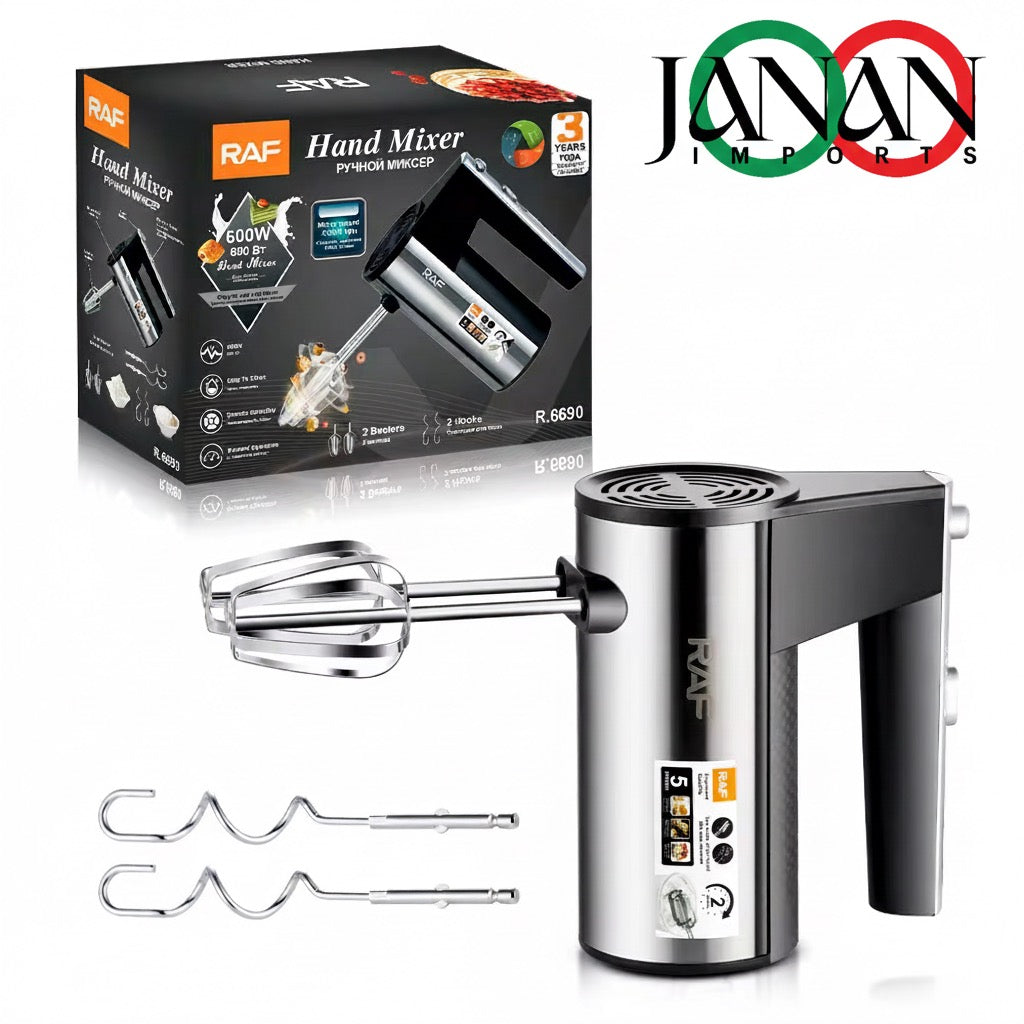 RAF hand mixer with attachments and packaging on a white background