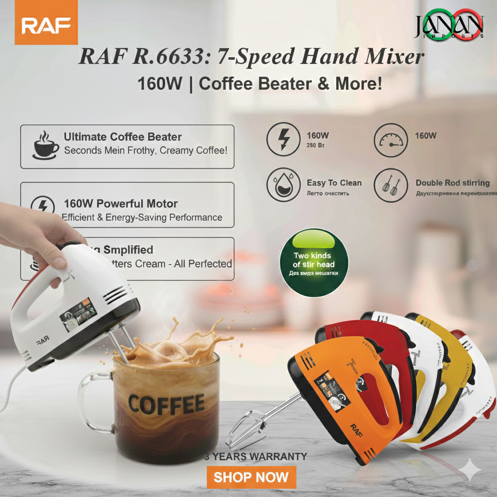 RAF R.6633 7-Speed Hand Mixer with coffee being mixed in a glass mug, featuring product details and branding.