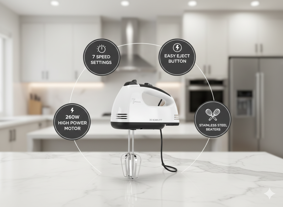 Scarlett 7-Speed Electric Hand Mixer (260W) – Multi-Purpose Egg Beater & Whisker