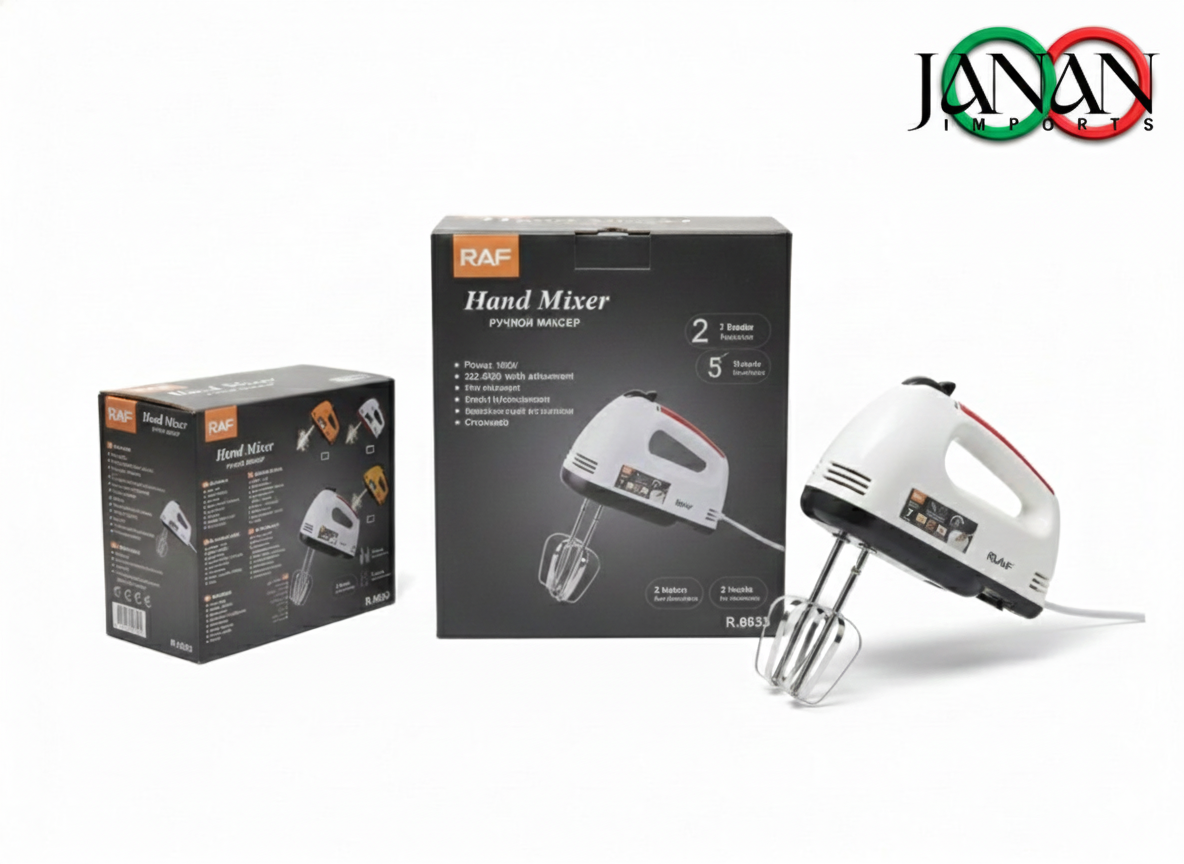 Hand mixer with packaging and Janan logo on a white background