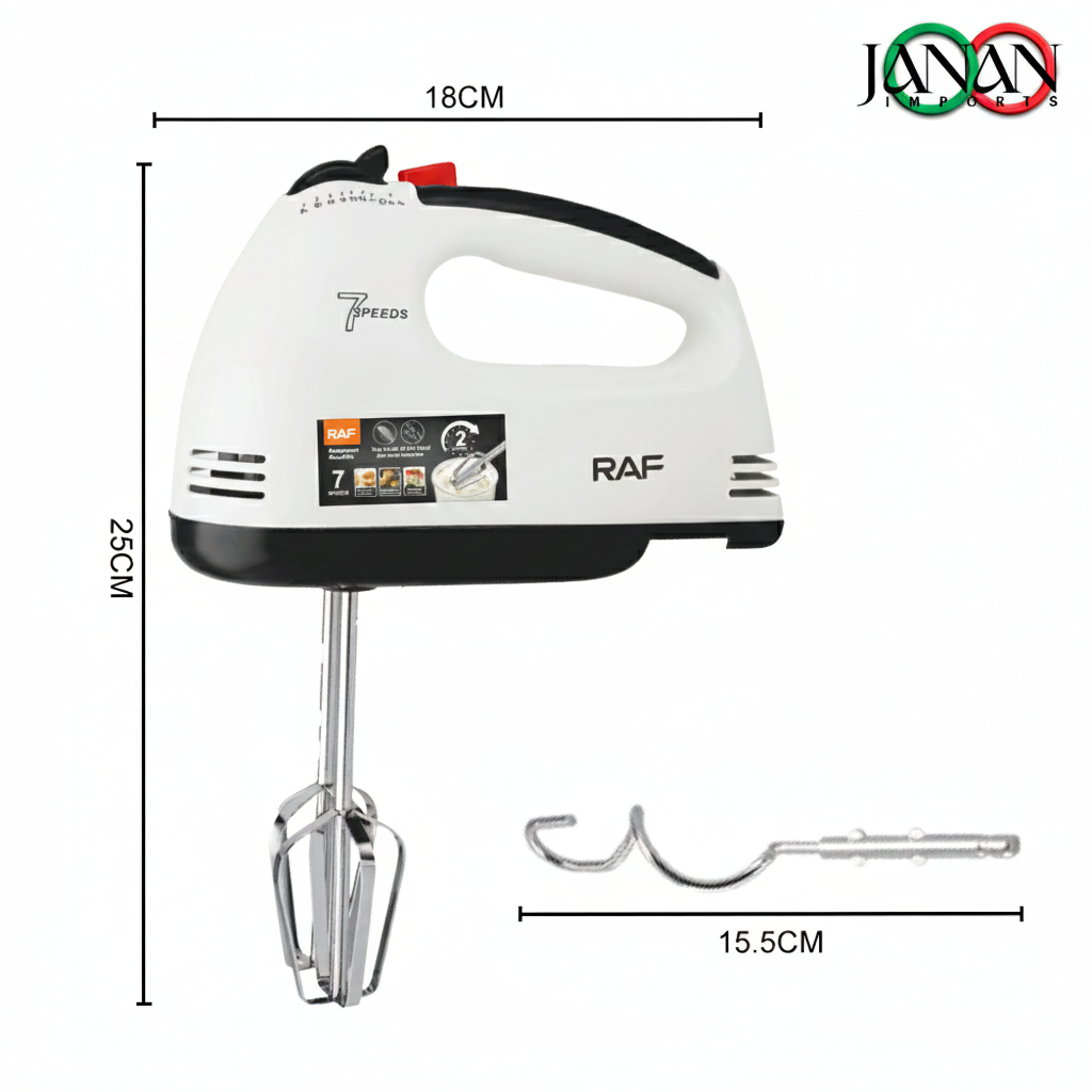 Hand mixer with attachments and dimensions on a white background, featuring the RAF brand.