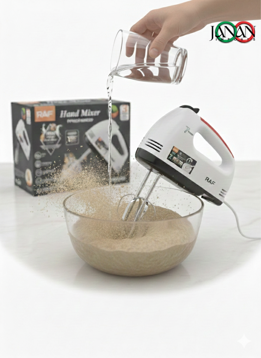 Hand mixer being used to mix ingredients in a bowl with a box of RAF hand mixer in the background.